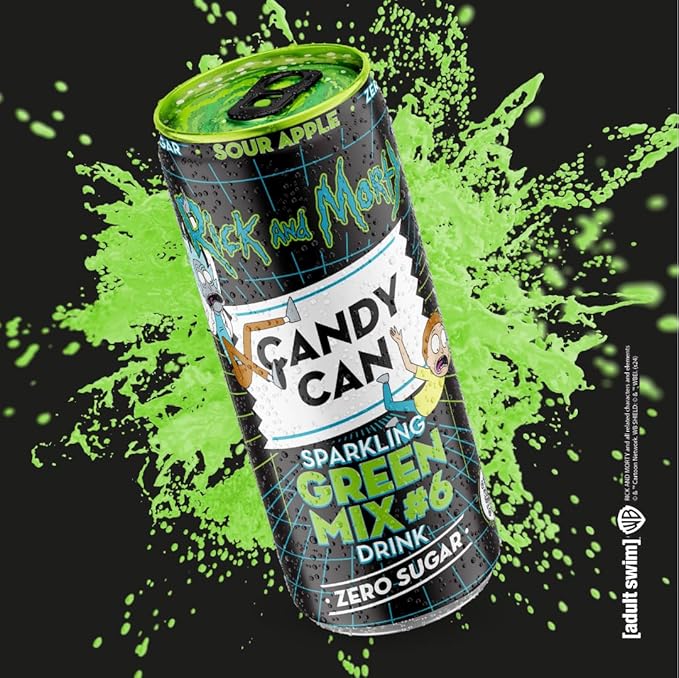 Candy Can, Rick and Morty, Green Mix, Sour Apple Flavoured Fizzy Drink, Nostalgic American Soda Flavours, Sugar Free, Sparkling Pop Can