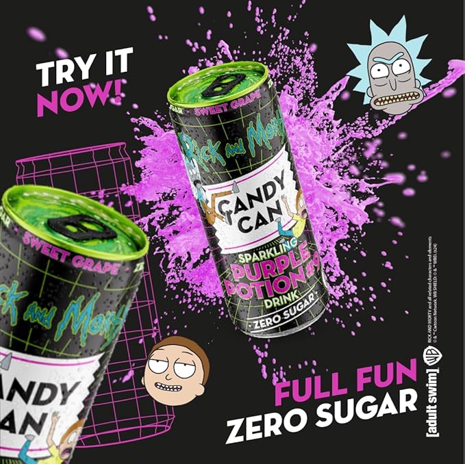 Candy Can, Rick and Morty, Purple Potion, Grape Flavoured Fizzy Drink, Nostalgic American Soda Flavours, Sugar Free, Sparkling Pop Can