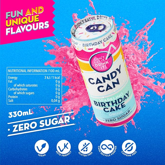 Candy Can, Birthday Cake, Fizzy Drink, Nostalgic American Soda Flavours, Sugar Free, Sparkling Pop Cans