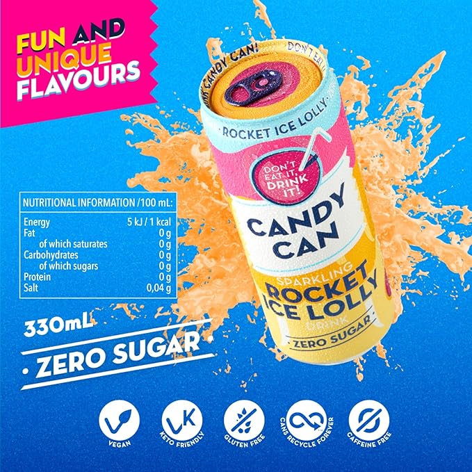 Candy Can, Rocket Ice Lolly, Fizzy Drink, Nostalgic American Soda Flavours, Sugar Free, Sparkling Pop Can