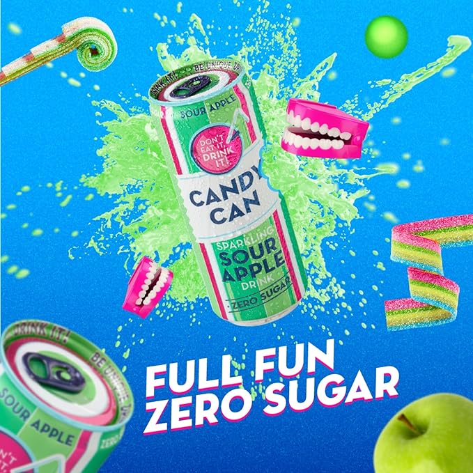 Candy Can, Sour Apple, Fizzy Drink, Nostalgic American Soda Flavours, Sugar Free, Sparkling Pop Cans