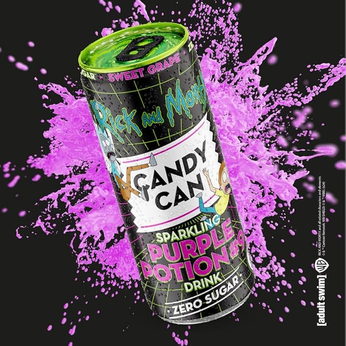 Candy Can, Rick and Morty, Purple Potion, Grape Flavoured Fizzy Drink, Nostalgic American Soda Flavours, Sugar Free, Sparkling Pop Can