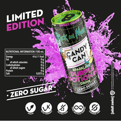 Candy Can, Rick and Morty, Purple Potion, Grape Flavoured Fizzy Drink, Nostalgic American Soda Flavours, Sugar Free, Sparkling Pop Can