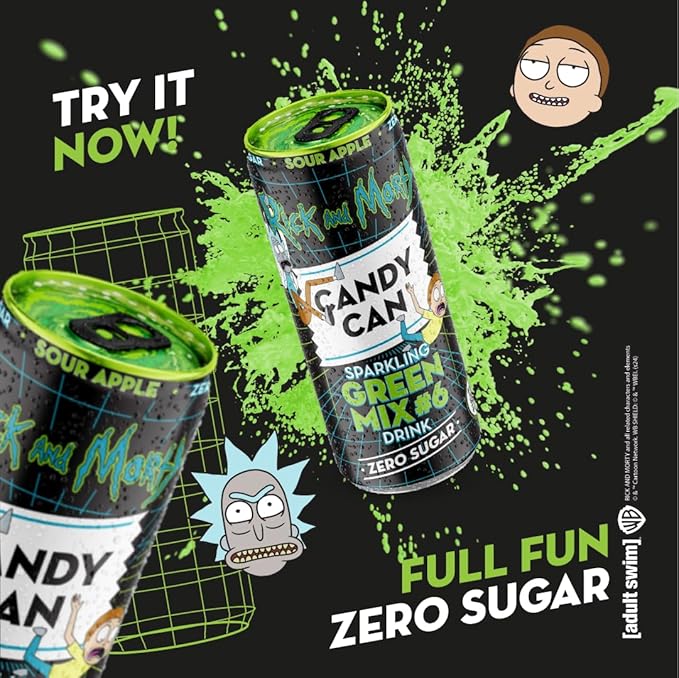 Candy Can, Rick and Morty, Green Mix, Sour Apple Flavoured Fizzy Drink, Nostalgic American Soda Flavours, Sugar Free, Sparkling Pop Can